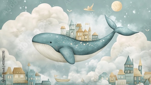 Whimsical children's illustration of a whale with a magical city on its back soaring through the sky. Perfect for nursery decor or kids' room wallpaper