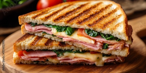 Delicious club sandwich featuring layers of ham, fresh tomato, cheese, and spinach, all served in a grilled panini style. Enjoy this flavorful club sandwich as a satisfying meal option. photo