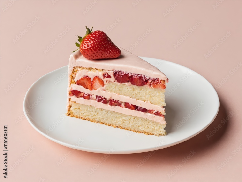 A slice of strawberry cake sits on a white plate against a pale pink background A slice of strawberry cake sits on a white plate against a pale pink background