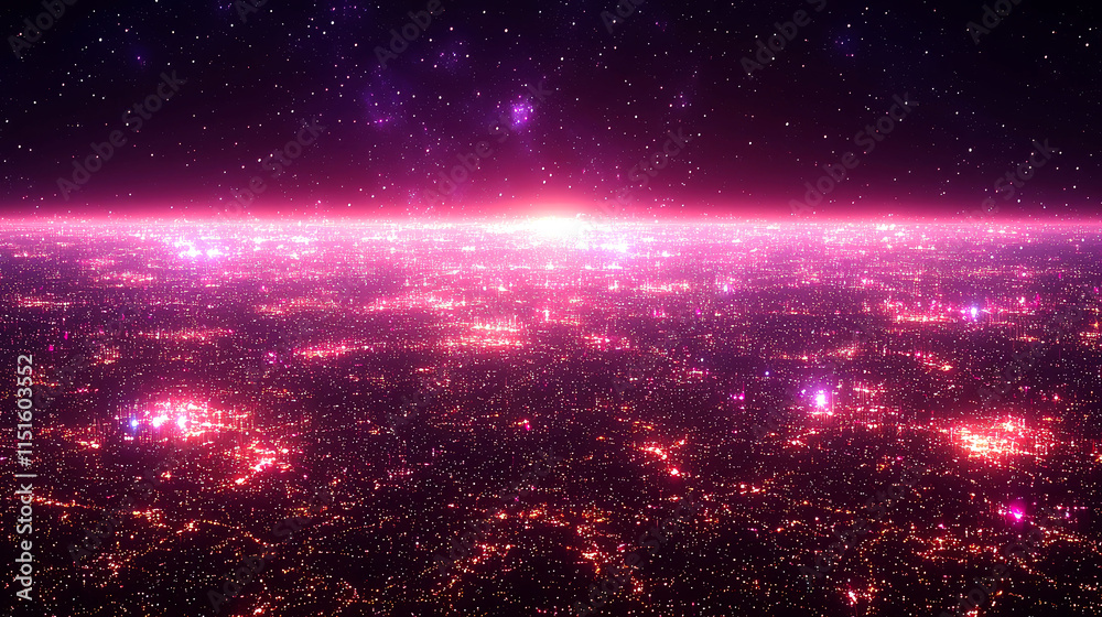 Fototapeta premium Pink city lights at night, space view.