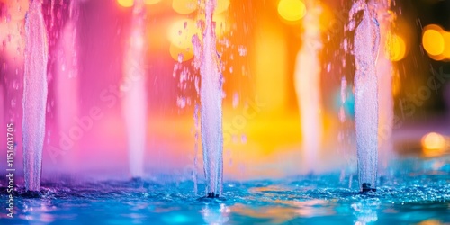 Vibrant and colorful background featuring a fountain with a beautiful blurry effect, creating an artistic and visually appealing atmosphere enhanced by the fountain s dazzling colors. photo