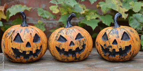 Halloween Jack o Lantern pumpkins featuring spooky faces, perfect for celebrating the Halloween season. These Halloween pumpkins with unique spooky faces add charm to your Halloween decor. photo