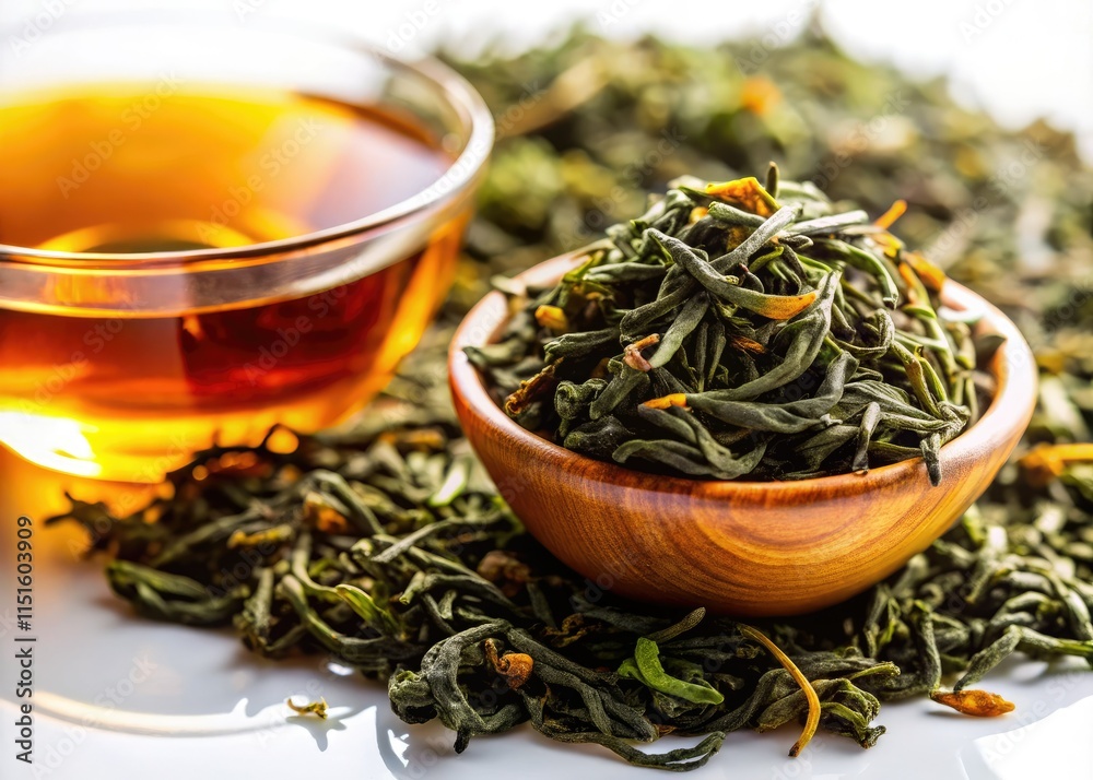 Fototapeta premium White background highlights a close-up of brewing herbal tea; loose leaves and Asian aesthetic in a still life.