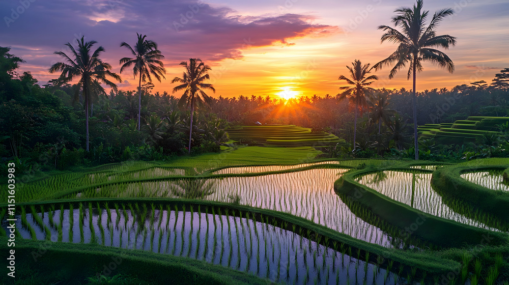 Obraz premium Stunning Sunset over Lush Rice Terraces in Bali