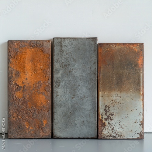 three rectangular metal tiles with varying textures and colors