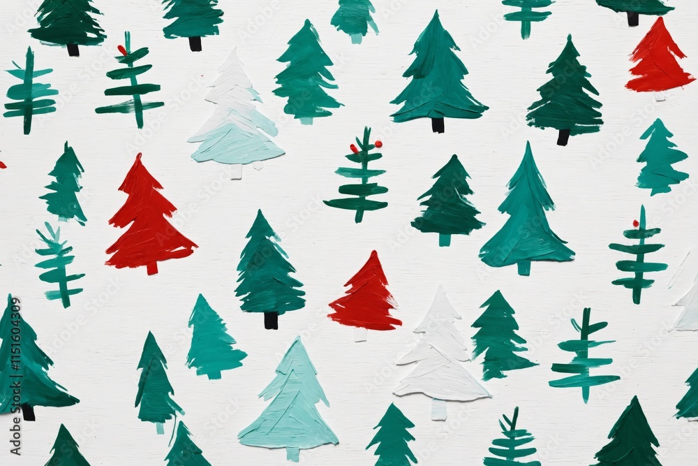 Multiple painted christmas trees on white background