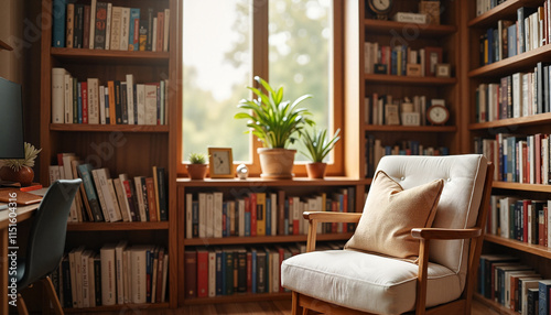 Cozy home library with armchair and bookshelves by a window

