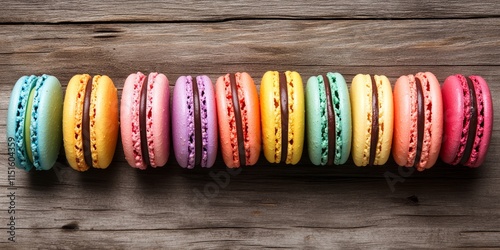 Colorful macarons arranged beautifully on a rustic wooden background, showcasing the vibrant hues and delicate textures of these delightful macarons ready to tantalize the taste buds. photo