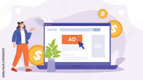 An illustration depicting online advertising and pay-per-click (PPC) concepts, featuring a digital interface with an ad campaign, showcasing clickable advertisements and user interactions.