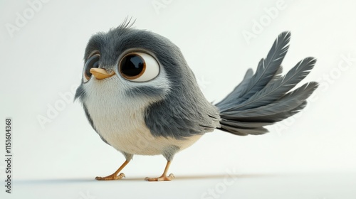 gray bird with big eyes stands on white background