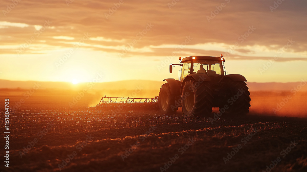 a tractor planting on his farm during sunset with a low Angle seen from backside a tractor planting on his farm during sunset with a low Angle seen from backside