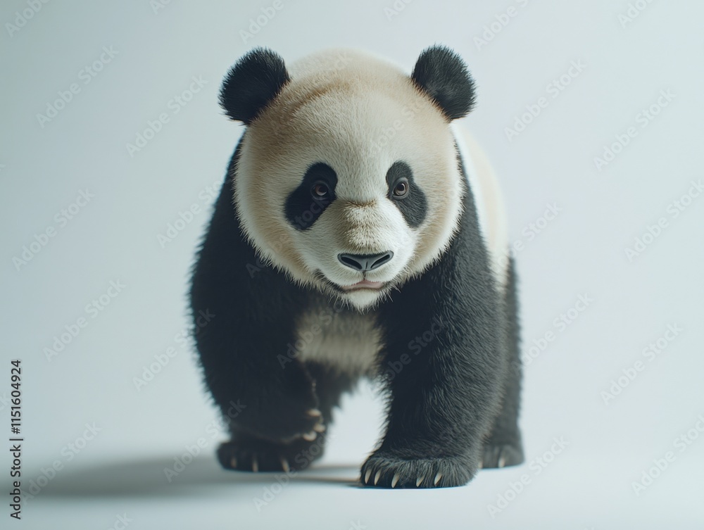 Fototapeta premium A panda bear walks forward on a white background