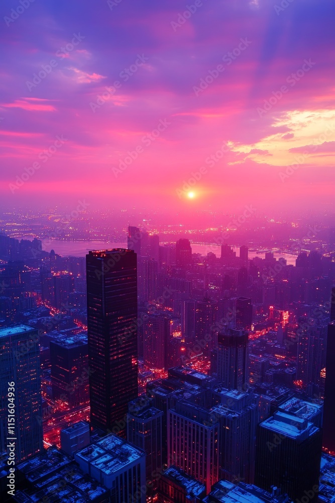 Fototapeta premium As day transitions to night, a stunning sunset casts a warm glow over the urban skyline, highlighting tall buildings and vibrant city streets below