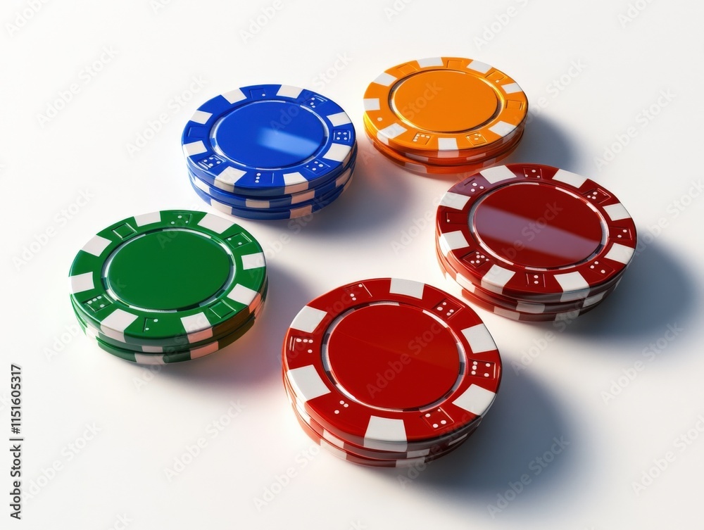 closeup of colorful poker chips stacked on a white surface closeup of colorful poker chips stacked on a white surface