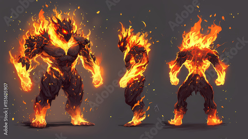 Fire elemental with blazing body and flames, fire spirit, elemental heat. Cinder. Illustration