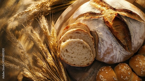 Fresh slices of village bread paired with golden spikelets create a rustic scene, showcasing the beauty of village bread and the charm of wholesome, natural ingredients in culinary delight. photo