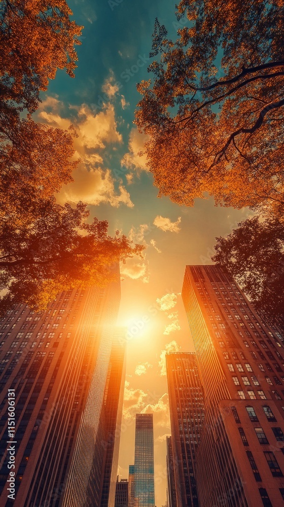 Obraz premium Golden sunlight filters through towering buildings, illuminating the cityscape while autumn leaves create a vibrant contrast against the skyline