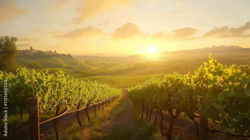 Naklejka premium Sunlit Tuscan Vineyard: Rolling Hills and Golden Hour