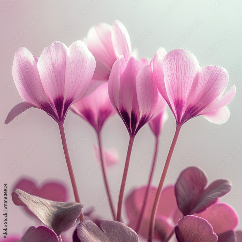 Fototapeta premium close-up of pink cyclamen flowers with purple centers and green leaves