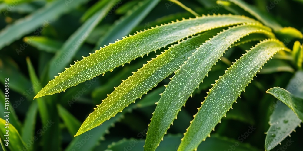 Close up of long leaves featuring serrated edges, the surface of the leaves showcases elongated convex spots spread across the leaf, highlighting the unique characteristics of the leaves. Close up of long leaves featuring serrated edges, the surface of the leaves showcases elongated convex spots spread across the leaf, highlighting the unique characteristics of the leaves.