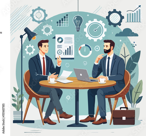 partners meeting for business discussion with documents and laptop on desk.couple at round table ,speaking ,discussing work,partnership.flat vector illustration isolated on a white background