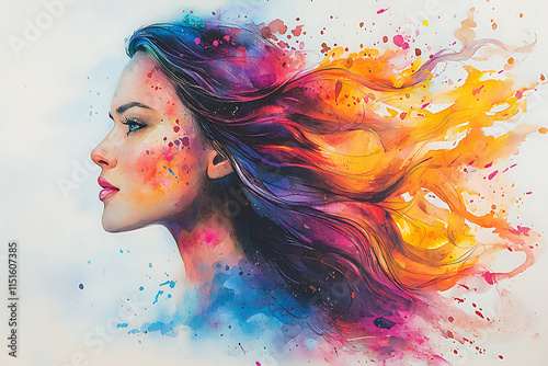Woman’s Portrait in Soft Watercolor, Elegant Flowing Hair in Watercolor