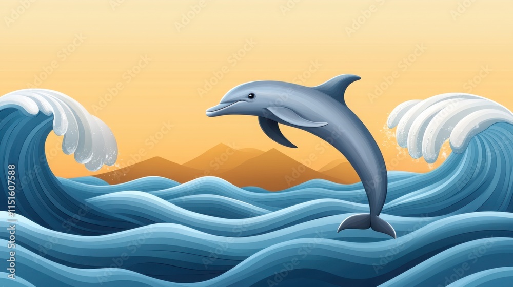 Fototapeta premium A solitary dolphin emerging from the ocean waves in a wild, natural environment