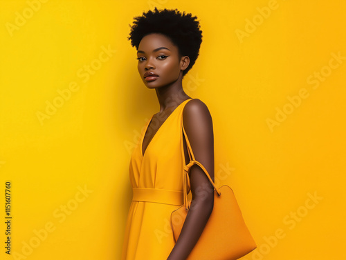 A young woman in a bright yellow dress showcases her unique style and flair as she elegantly hangs bags, embodying confidence and creativity.