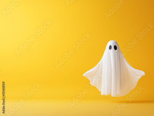 A whimsical white ghost costume drifts gracefully against a bright and cheerful yellow background, creating a playful and eye-catching scene. photo