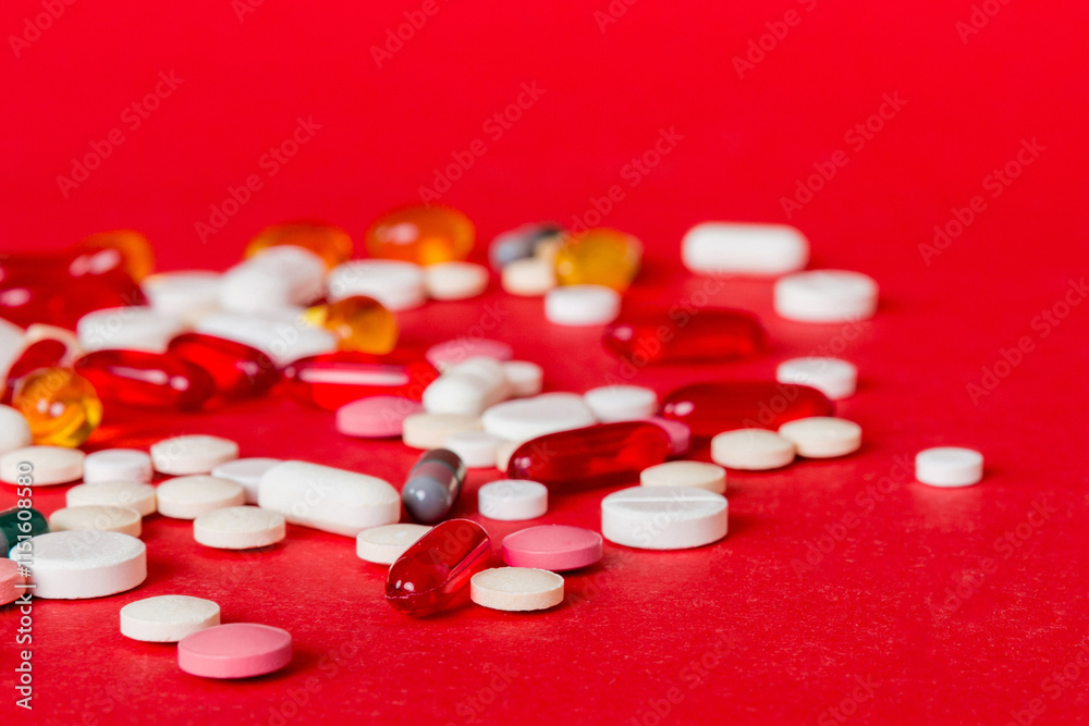 Many different colorful medication and pills perspective view. Set of many pills on colored background Many different colorful medication and pills perspective view. Set of many pills on colored background