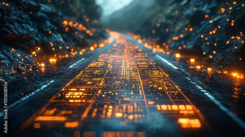 A futuristic illuminated pathway lined with glowing circuit patterns, creating a digital landscape in a misty setting surrounded by nature.