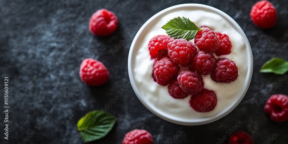 High angle view of yogurt topped with fresh raspberries, showcasing a vibrant and healthy yogurt dish, perfect for breakfast or a snack, featuring delicious raspberries for added flavor. High angle view of yogurt topped with fresh raspberries, showcasing a vibrant and healthy yogurt dish, perfect for breakfast or a snack, featuring delicious raspberries for added flavor.
