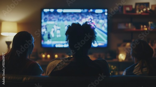 Friends gather living room in evening watch cool football match on television. African american family cheers soccer on TV, support favorite team. Sports fans at home bets on victory. Back rear view. photo