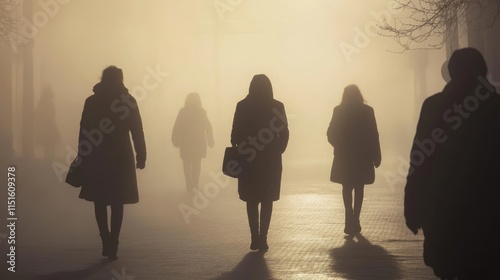 Silhouettes of passers-by pedestrians in fog early in morning. Routine, people hurry to work and home, going their business. Ghosts, boring life, loneliness in crowd. Mystical frightening atmosphere.