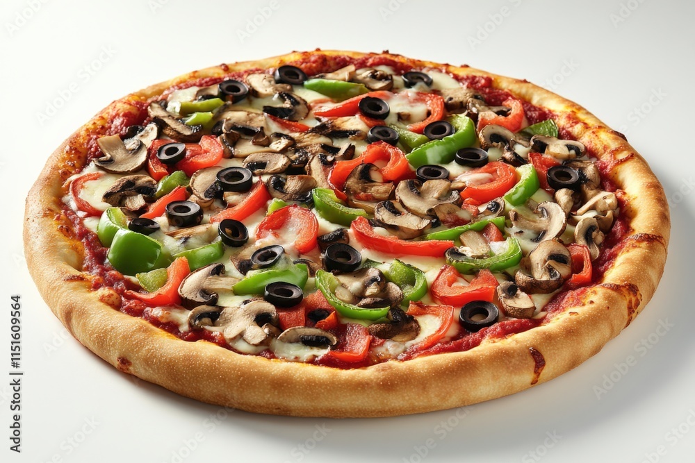 A pizza with mushrooms, green peppers, red peppers and black olives A pizza with mushrooms, green peppers, red peppers and black olives