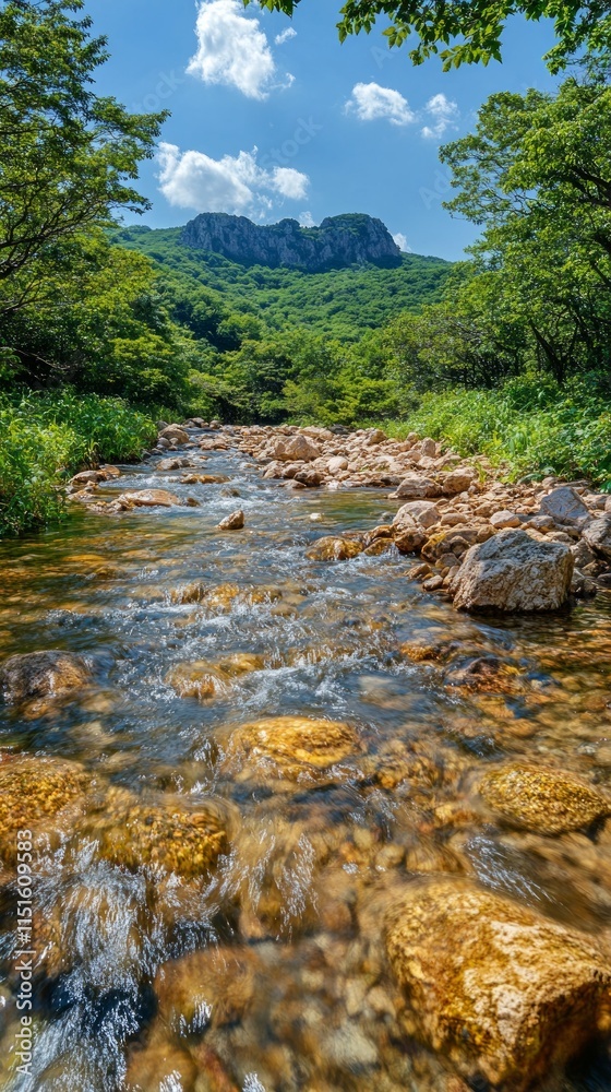 A clear river meanders through vibrant foliage, with smooth stones lining the waterbed and distant mountains rising against a sunny sky A clear river meanders through vibrant foliage, with smooth stones lining the waterbed and distant mountains rising against a sunny sky