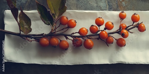 Branch of buckthorn featuring cup berries, emphasizing its medicinal properties. This buckthorn branch highlights the medical usefulness of its berries, elegantly showcased on a strip of napkin.