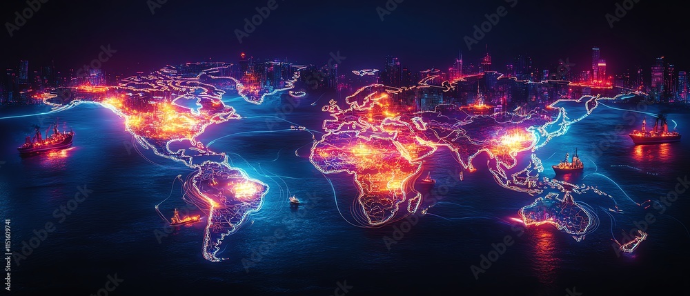 A futuristic world map illuminated with bright neon lights, depicting a variety of ships scattered across the map, navigating global waters A futuristic world map illuminated with bright neon lights, depicting a variety of ships scattered across the map, navigating global waters