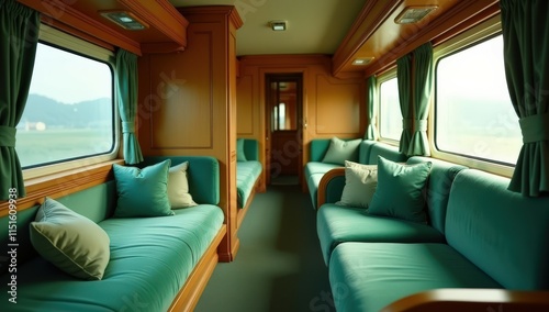 Green luxury train cabin with soft couches, natural light, and cozy vibes, perfect for eco-friendly travel themes.