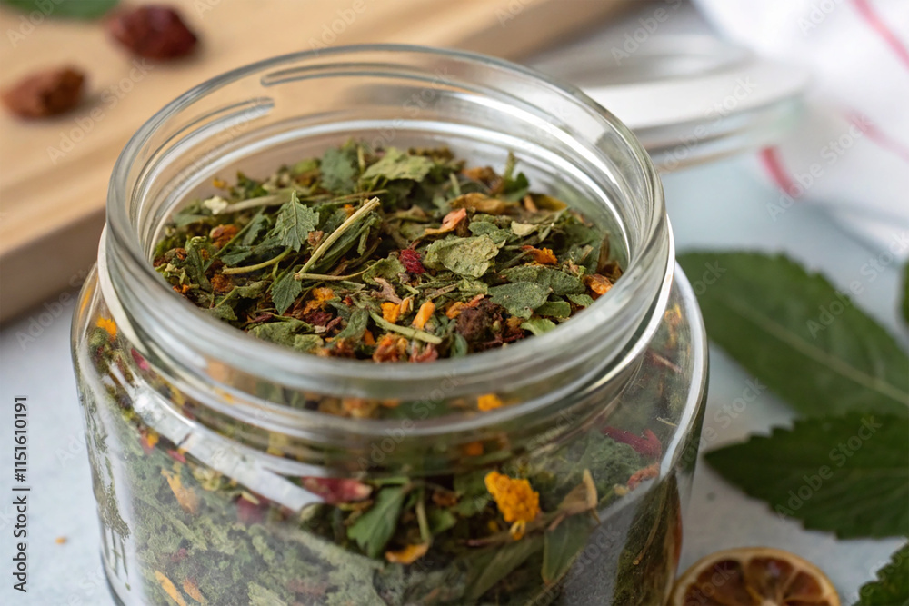 A glass jar of loose herbal tea leaves A glass jar of loose herbal tea leaves