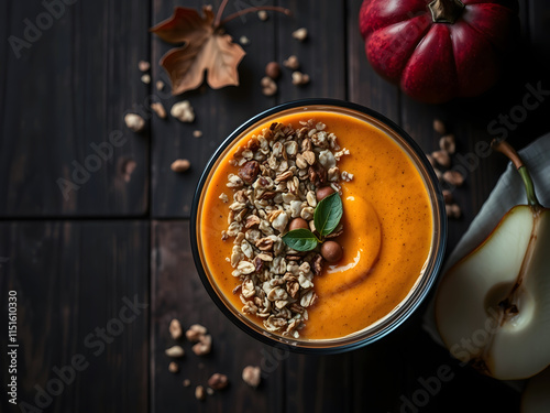 Delicious Autumn Smoothie Bowl with Pears and Granola photo