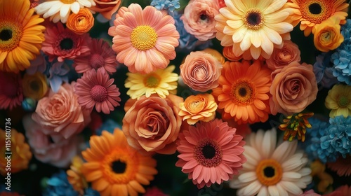 A Vibrant Bouquet: A symphony of colors and textures in this close-up of a mixed flower arrangement. Gerbera daisies, roses, and other blooms create a stunning visual display.