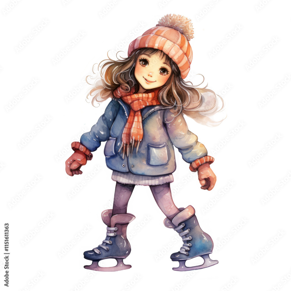 A charming watercolor illustration depicts a young girl joyfully ice skating in a snowy winter setting. A charming watercolor illustration depicts a young girl joyfully ice skating in a snowy winter setting.
