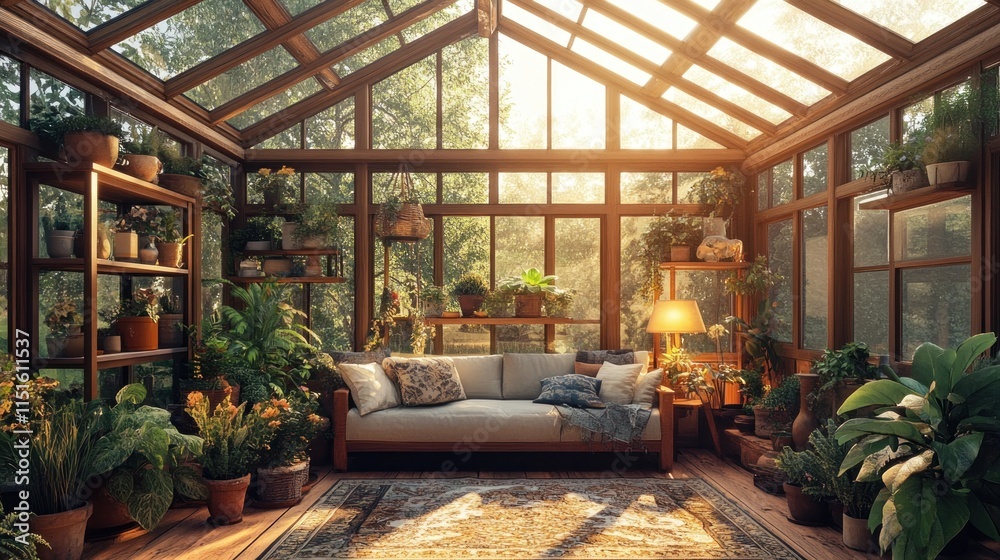 Naklejka premium Sunlit conservatory with plants, sofa, and wooden shelves.