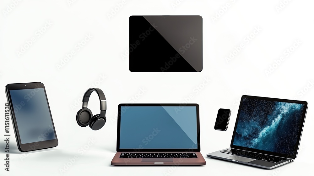 Consumer Electronics Show concept. A modern arrangement of various electronic devices, including smartphones, laptops, tablets, and headphones, showcasing technology and connectivity. Consumer Electronics Show concept. A modern arrangement of various electronic devices, including smartphones, laptops, tablets, and headphones, showcasing technology and connectivity.