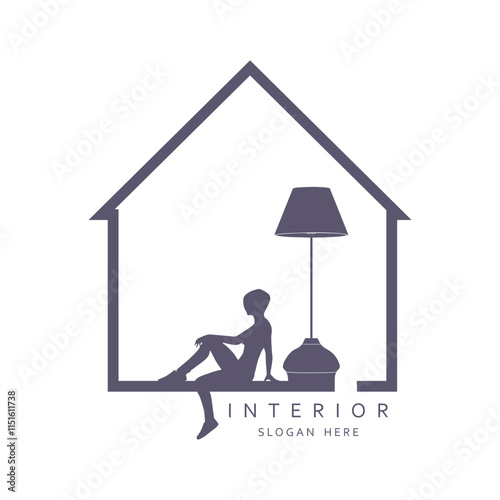 Interior logo. Template of electric torchere for interior design, energy furniture business branding. Home equipment in modern style. Young woman sitting and relaxing near torchere