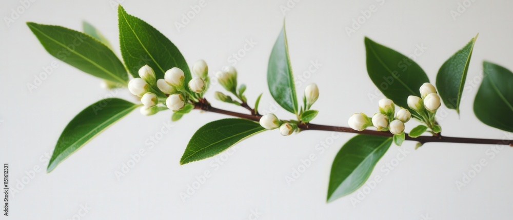 close up of a branch with leaves and flower buds close up of a branch with leaves and flower buds