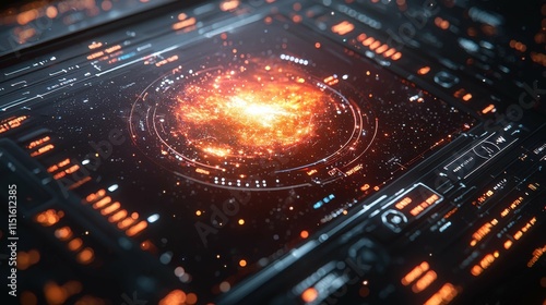 A close-up of a sci-fi dashboard displaying a glowing nebula with vibrant colors in a dark setting. Ideal for tech enthusiasts and digital design admirers. photo