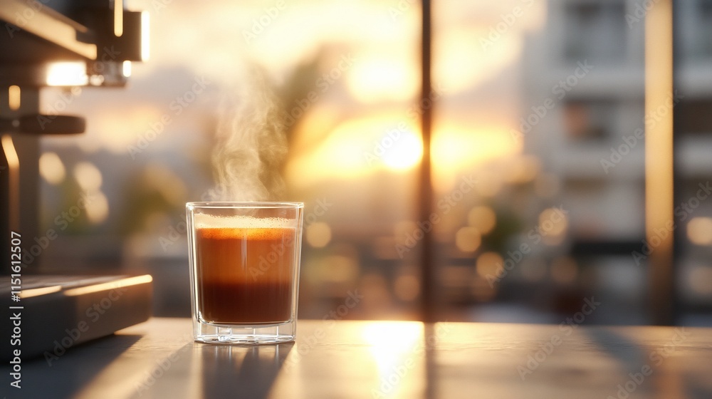 Warm coffee in a glass with a sunset backdrop. Warm coffee in a glass with a sunset backdrop.
