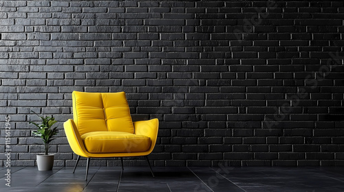 Brick accent wall in modern black interior with mustard armchair. dark and colourful decor in industrial loft style. Cinder. Illustration photo